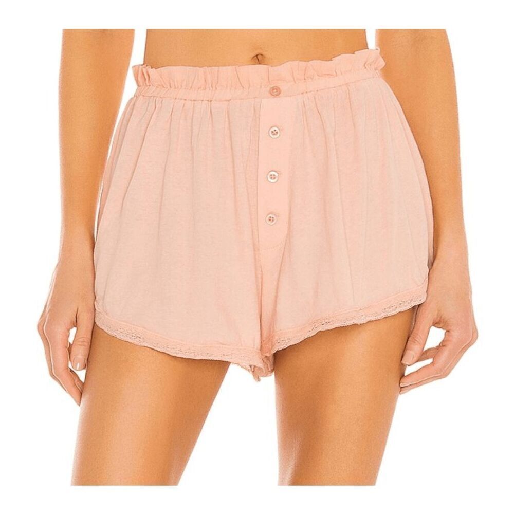 THE GREAT. Women's Pink Ruffle Waist Button-Front Sleep Shorts